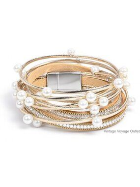 Leather Wrap Bracelet Women Pearl Beaded Bangle Stack Boho Jewelry